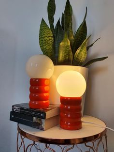 a table with two lamps on top of it next to a potted plant and books