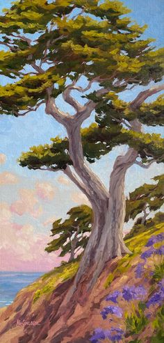 an oil painting of a tree on a hill by the ocean with purple flowers in bloom