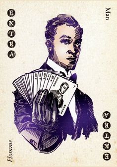 a drawing of a man holding cards in one hand and wearing a suit on the other