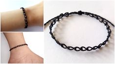 three pictures of different types of bracelets on the same wrist, one with black beads and