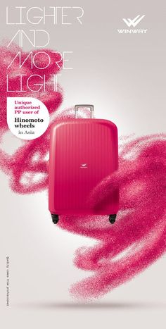 a pink suitcase with the words light and bright on it, in front of a white background