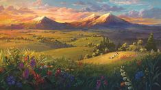 a painting of a beautiful mountain scene with flowers in the foreground and clouds in the background