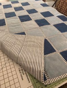 a blue and white quilt on top of a table