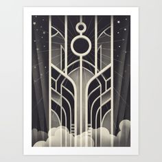 an art deco poster with abstract shapes and lines in black and white, depicting the entrance to a futuristic city