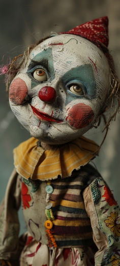 a creepy looking clown doll with painted face and hair on it's head, standing in front of a gray background