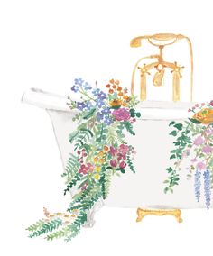 a watercolor painting of a bathtub with flowers on it