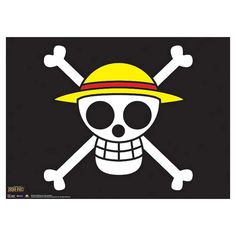 a skull wearing a yellow hat with cross bones