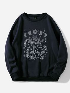 Mushroom Print Drop Shoulder Thermal Sweatshirt 003 Easy 30 day return policy Como Fazer Short, Cooler Look, Moon Print, Selling Clothes, Really Cute Outfits, Dream Clothes, Long Sleeve Sweatshirts, Mens Clothing Styles, Aesthetic Clothes