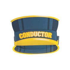 a blue and yellow hat with the word conductor on it's side, sitting in front of a white background