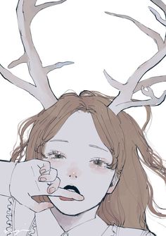 a drawing of a girl with deer antlers on her head, covering her eyes