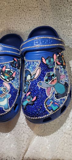 Custom stitch crocs Bedazzled Crocs Blue, Lv Custom Crocs, Bling Crocs Shoes Diy, Costume Crocs, Custom Crocs Diy, Customized Crocs Shoes, Cute Crocs Shoes, Blinged Crocs, Crocs Custom