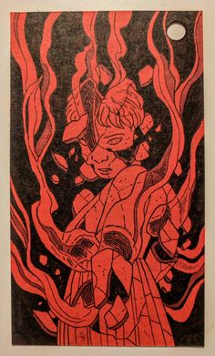 an orange and black drawing of a woman holding a bird in her hand with flames behind it