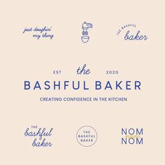 the bashful baker logo is shown in blue on a beige background with white lettering