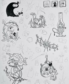 an image of cartoon characters drawn in black and white paper with marker markers on it