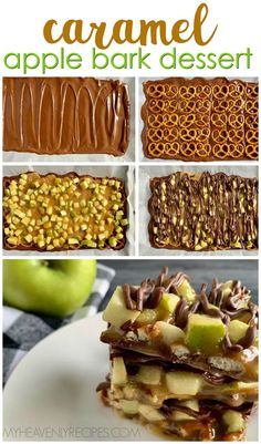 Caramel Apple Bark Recipe- Fresh fall dessert idea that is so easy to make! Green apples and pretzels make a sweet and salty treat. Simple chocolate caramel apple bark dessert idea. Apple Bark Dessert, Bark Dessert, Caramel Apple Bark, Apple Bark, Muffins Pumpkin, Bread Pumpkin, Chocolate Caramel Apples, Yummy Desserts Easy