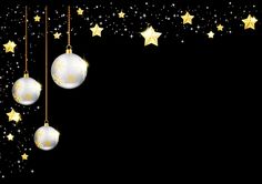 christmas balls and stars hanging from strings against a black background with golden stars in the sky