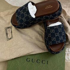 New Gucci Blue Denim Sandals! New Style, Never Worn, Complete W Box, Bag And Card Of Authenticity Blue Gucci Slides, Vacay Shoes, Gucci Platform Sandals, Classy Sandals, Manifesting 2024, Turkey Nails, Beige Espadrilles, Mom Vibes, Sandals Luxury