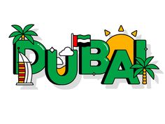 the word dubai in green and yellow with palm trees around it on a white background