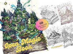 an open magic book with illustrations on it and the words,'50 coloring pages '