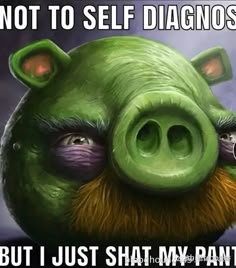 a green pig with an angry expression on it's face that says, not to self diagnose but i just sit my pants