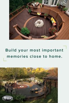 an aerial view of a deck and patio with the words find inspiration for your next project