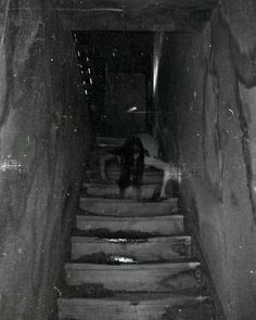 two people walking up some stairs in the dark