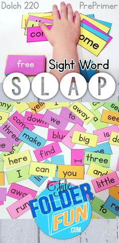 the sight word slap game is shown with hand on top of colorful sticky notes