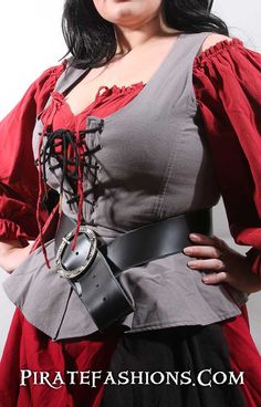 This be a well made n' versatile bodice. Perfect fer those of ye that don't want to wear a fully steel boned corset. Part of arrrr new Tortuga Women's line. • Arrr only reversible bodice• 4 Options: Black N Crimson Red, Green N Brown, Navy N Gray, and Blue N Black (being discontinued)• 10 sewn grommets with brass points on the lace fer quick lacing up• 2 flat metal bones in the front so the front doesn't bunch• 100% cotton medium weight fabric• This be the English style of bodice with the longer Steel Boned Corsets, Pirate Woman, Crimson Red, English Style, Nassau, Fantasy Clothing, Corset Dress