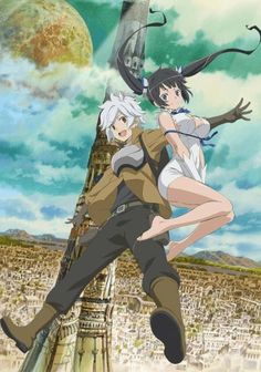 an anime scene with two people in the air, one holding onto another person's arm