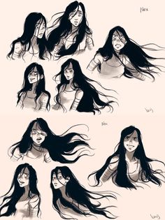 some drawings of long hair with different expressions