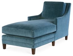 a blue chaise lounge chair with wooden legs