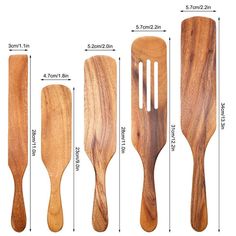 four wooden utensils with measurements for each spoon and spatula in different sizes