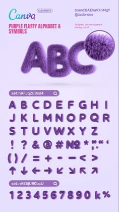 the purple fluffy alphabet and numbers are displayed on a white background, with an image of a