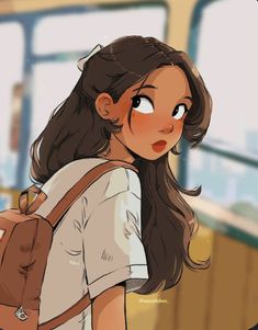 a girl with long brown hair wearing a backpack