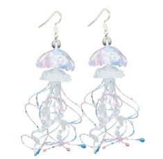 two jellyfish earrings with beads hanging from them