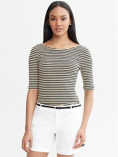 Striped Elbow-Sleeve Tee Elegant Fitted T-shirt With Scoop Neck, Chic Boat Neck Top For Work, White Fitted Top With Scoop Back, Chic Stretch Tops With Scoop Back, Chic Boat Neck Blouse For Spring, Fitted Boat Neck T-shirt For Summer, White Boat Neck Tops For Summer, Fitted Boat Neck Top For Fall, White Stretch Boat Neck Top