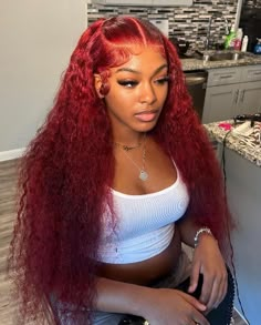 Cute Red Wig Hairstyles, Red Curly Hair Wig, Summer Color Wigs Black Women, Frontal Wig Style Ideas, Red Frontal Hairstyles, Water Wave Hairstyles For Black Women, Colored Wig Installs, Red Wet And Wavy Wig, Red Water Wave Wig