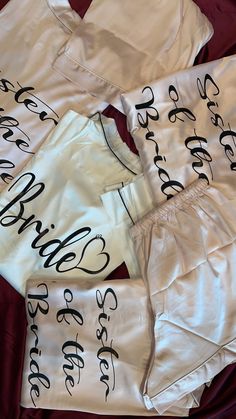 💗Super cute bridesmaid pajamas for getting ready or bachelorette party. Get these personalized gifts for your bridal party, bachelorette party, girl's getaway or birthday party to make the moment extra special! Beautiful satin pajama sets comes in a variety of colors! Mix and match colors to compliment your wedding style.  Simply choose the size, color, and quantities you need and add to your cart! We offer FREE SHIPPING. 🔹US ORDERS- 📣Free shipping on orders USD $35+📣 NOTE: Please see sizing chart... While most find items run true to general t-shirt sizing, some customers recommend going up one size for a better fit. - Each pajama set is carefully customized to your specifications. - Available in 4 colors. - Made from super soft satin. - Available in 4 Sizes (See sizing chart for detai Bride Pyjama Party, White Satin Pajamas Bride, Wedding Pyjamas Brides, Satin V-neck Sleepwear For Wedding Night, Bridesmaid Pjs Pajama Set With Initial, Night Before Wedding, Satin Pyjama, Bridesmaid Pajamas, Pyjama Satin