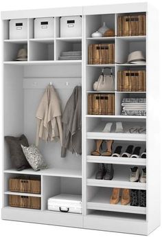 a white closet filled with lots of shoes and baskets on top of it's shelves