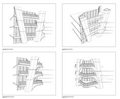 four different views of the same building, each with its own section cut in half