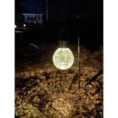 a light bulb sitting in the middle of some leaves and grass at night with lights shining on it