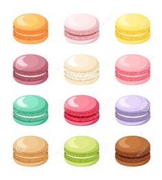 different colored macaroons on white background