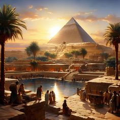 the egyptian pyramids are surrounded by palm trees and people in front of an outdoor swimming pool