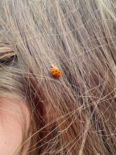 a ladybug sitting on top of the hair of someone's head