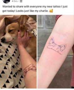 two pictures one with a dog and the other has a tattoo on it's arm