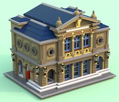 a model of a building that is made out of legos and has a blue roof