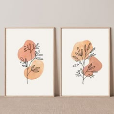 two framed art prints with leaves on them