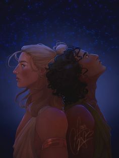 two women looking up at the sky with stars in the background and one woman's head