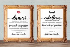 two framed pictures with the words ladies and gentlemen on them in black ink, sitting next to each other