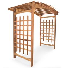 a wooden pergolated structure with lattices on the top and bottom part, against a white background